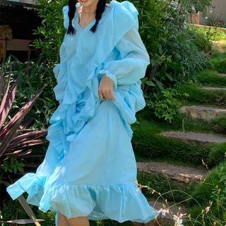 Long-sleeve Ruffle Trim Midi A-line Dress Blue - One Size