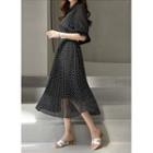 Puff-sleeve Dotted Maxi Pleated Dress With Belt Black - One Size