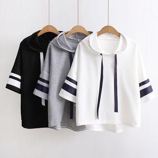Elbow-sleeve Hooded Striped T-shirt / Long-sleeve T-shirt