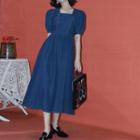 Puff-sleeve Square Neck Denim Midi A-line Dress
