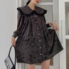 Long-sleeve Peter Pan Collar Wood Ear Trim Floral Dress