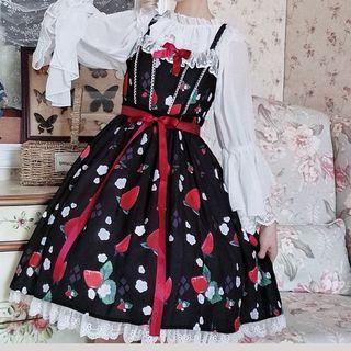 Ruffle Trim Blouse / Printed Spaghetti Strap A-line Dress / Set