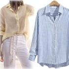 Stand-collar Single-breasted Long-sleeved Open-front Striped Slim Blouse