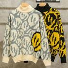 Smiley Face Print Mock-neck Sweater