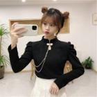 Long-sleeve Frog-buttoned Stand Collar Blouse