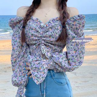 Off-shoulder Bell-sleeve Drawstring Floral Blouse