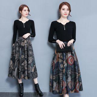 Set: Long-sleeve Knit Top + Patterned Midi Skirt