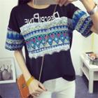 Pattern Print Lace Trim T-shirt
