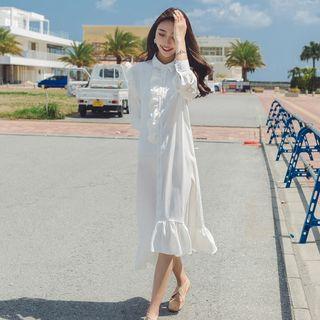 Long-sleeve Ruffle-trim Midi Shirtdress