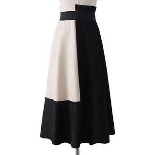 Color Block Faux Suede Midi A-line Skirt
