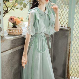 Elbow-sleeve Cut Out Maxi A-line Dress