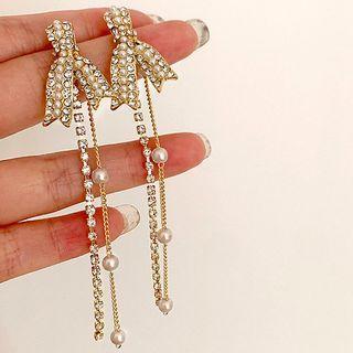 Bow Faux Pearl Rhinestone Fringed Earring G-154 - 1 Pair - Gold - One Size