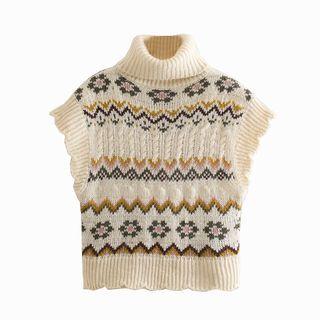Turtleneck Patterned Cropped Sweater Vest