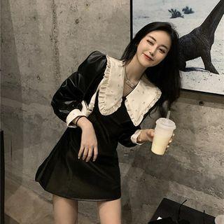 Long-sleeve Faux Leather Mini A-line Dress