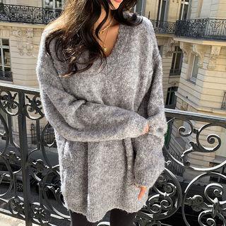 V-neck Oversize Boucl  Sweater Gray - One Size