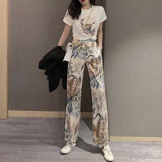 Animal-sequined T-shirt / Wide-leg Printed Pants