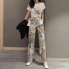 Animal-sequined T-shirt / Wide-leg Printed Pants