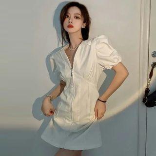 Puff-sleeve Zipped Denim Mini Collared Dress