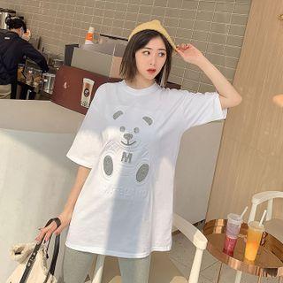 Elbow-sleeve Panda Print T-shirt White - One Size