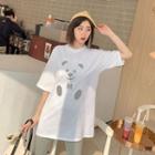 Elbow-sleeve Panda Print T-shirt White - One Size