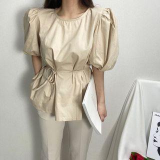 Puff-sleeve Tie Waist Loose Fit Plain Blouse