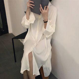 Pocket Detail Long-sleeve Midi Shirtdress