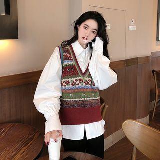 V-neck Vest / Plain Loose-fit Long-sleeve Shirt