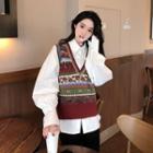V-neck Vest / Plain Loose-fit Long-sleeve Shirt