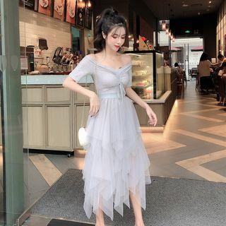 Off-shoulder Midi Layered Mesh Dress