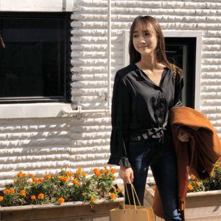 Open-placket Drawstring-waist Blouse