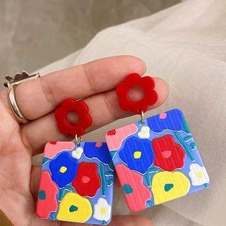 Flower Print Square Alloy Dangle Earring 1 Pair - 925 Silver Stud Earrings - Blue & Red & Yellow - One Size