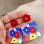 Flower Print Square Alloy Dangle Earring 1 Pair - 925 Silver Stud Earrings - Blue & Red & Yellow - One Size
