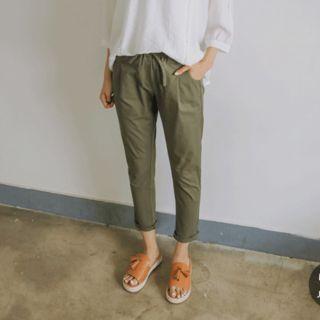 Drawstring-waist Tapered Cotton Pants