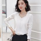 V-neck Chain Detail Blouse / Copped Boot-cut Pants / Pencil Skirt
