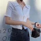 Short-sleeve Shoulder Padded Zip Crop Top