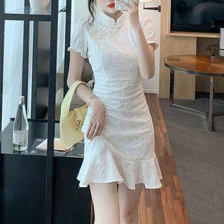 Short-sleeve Embellished Mini Qipao