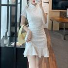 Short-sleeve Embellished Mini Qipao