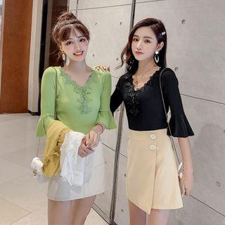 Crochet Lace Panel Bell-sleeve Rib Knit Top