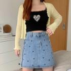 Heart Embroidered Denim A-line Skirt