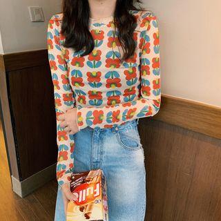 Long-sleeve Flower Print T-shirt Flower - Multicolor - One Size