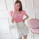 Square-neck Puff-sleeve Smocked Top