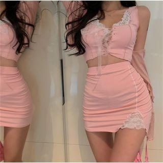 Long-sleeve Cardigan / Tie-back Crop Top + Lace Skirt