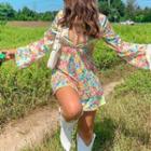 Bell-sleeve Floral Print V-neck Mini Dress