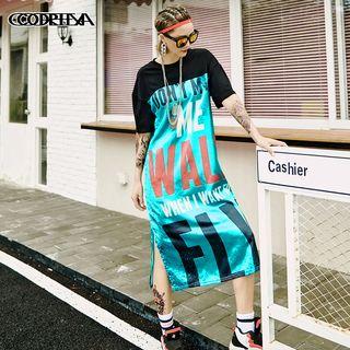 Elbow-sleeve Patterned Panel T-shirt Dress