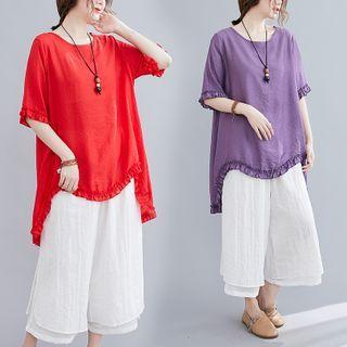 Set: Ruffle Trim Short-sleeve Blouse + Layered Cropped Wide-leg Pants