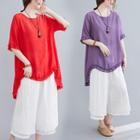 Set: Ruffle Trim Short-sleeve Blouse + Layered Cropped Wide-leg Pants