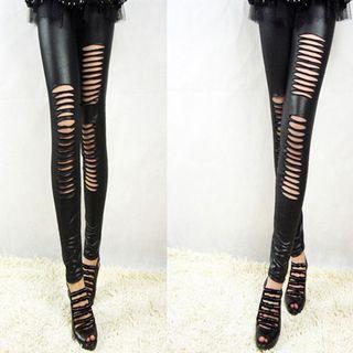 Ripped Faux Leather Leggings Black - One Size