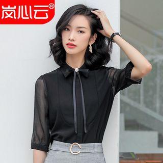 Bow Accent Elbow-sleeve Blouse / Dress Pants / Pencil Skirt / Set