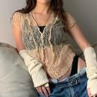 Short Sleeve V-neck Button-up Lace Top