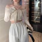 Long-sleeve Off-shoulder Ribbon Crop Top